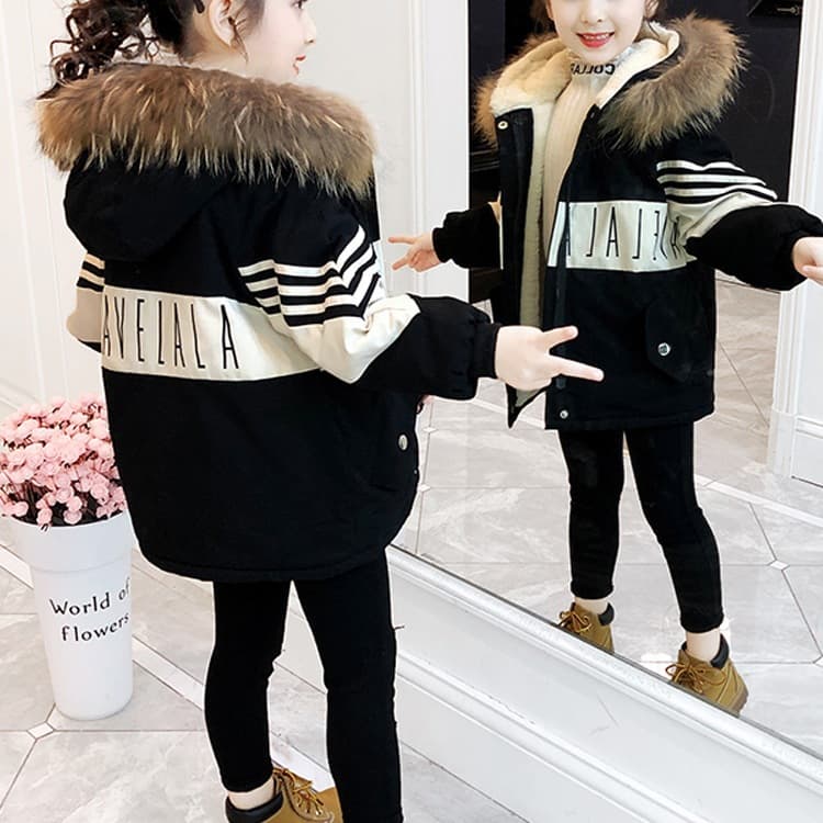 2025 New Style Girls' Parka Cotton Coat, Autumn/Winter Fleece-Lined Thickened Cotton Garment for Medium to Large Children, Fashionable Winter Outerwear