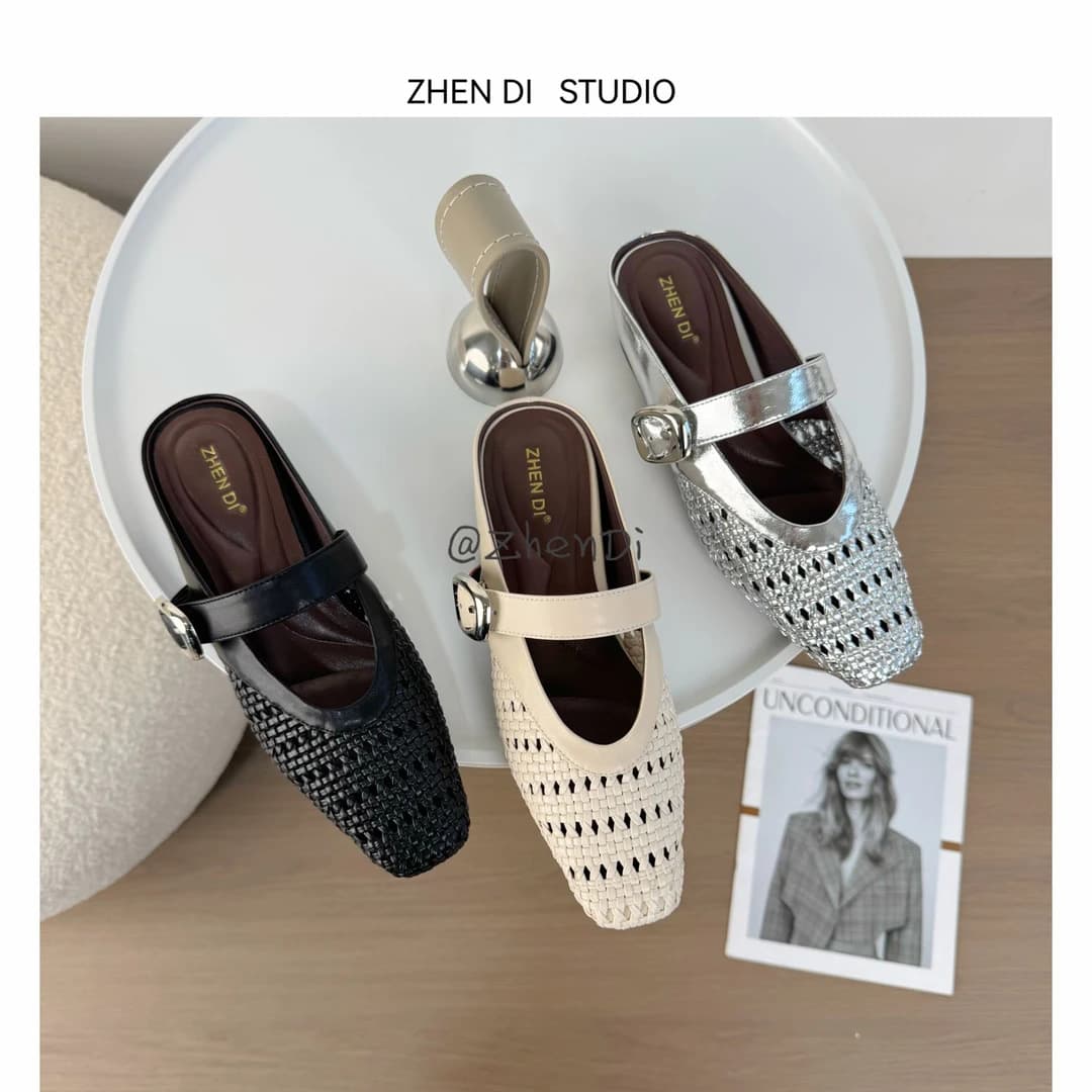 2026 Summer New Style Light Luxury Hollow Woven Height-Increasing Closed-Toe Half Slippers, Elegant and Versatile Slip-On Sandals 6523