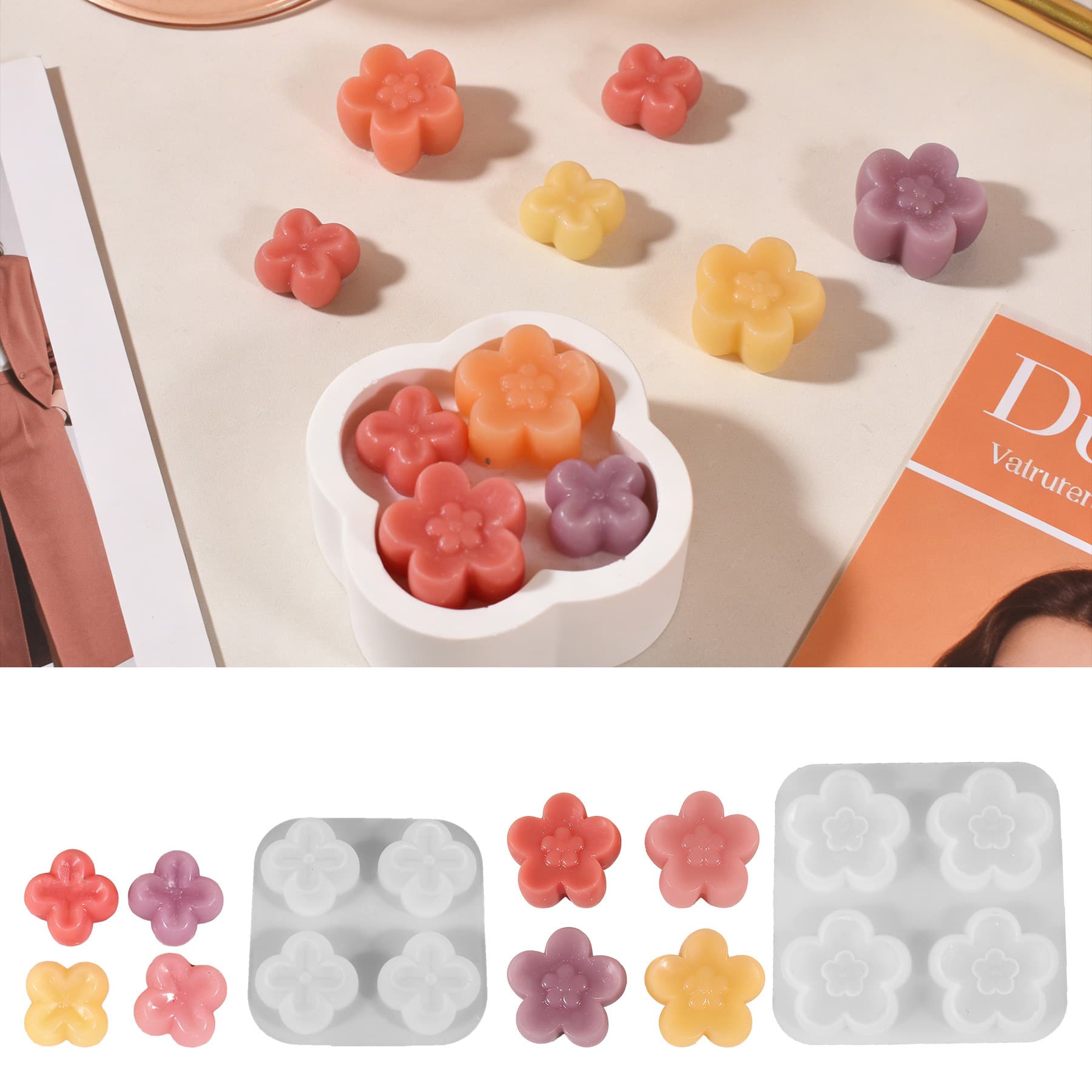 4-Connected Flower Aromatherapy Candle Resin Silicone Mold, Epoxy Resin DIY Rose Plaster Decoration Epoxy Resin DIY Mold