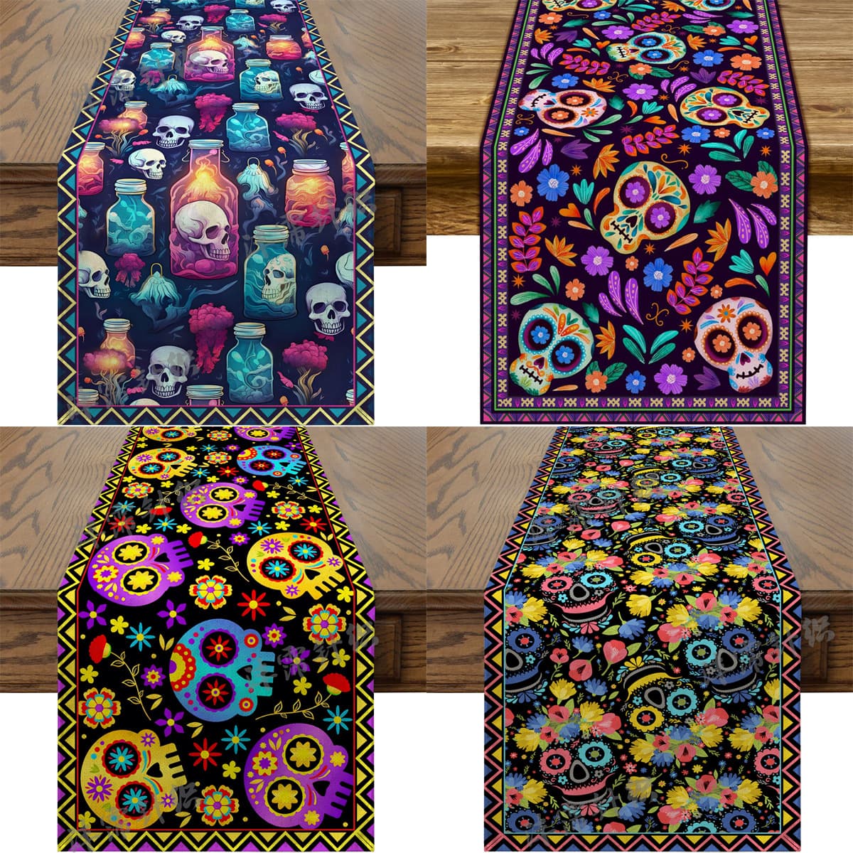 New Cross-Border Halloween Table Runner Linen-Like Long Strip Day of the Dead Tablecloth Christmas Holiday Table Decoration