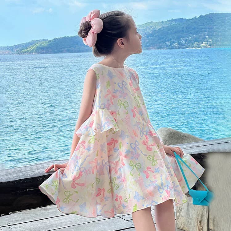 Summer Floral Girls Dress Baby Princess Vest Dress Butterfly Knot Korean Style Polyester Fiber Soft Processed A-Line Skirt