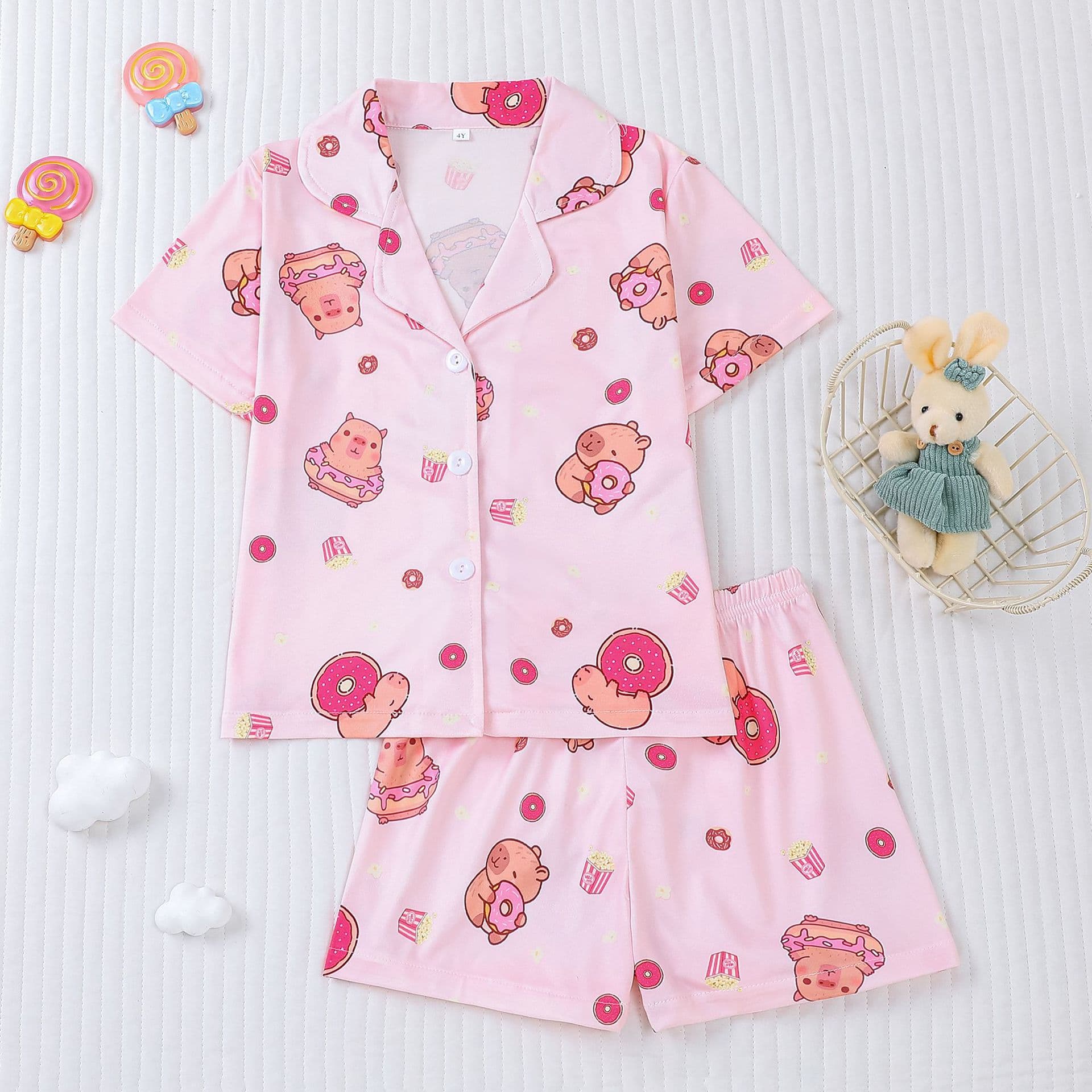 Cross-border foreign trade new four seasons middle-aged girls pajamas set short-sleeved shorts cardigan printed kid pajama