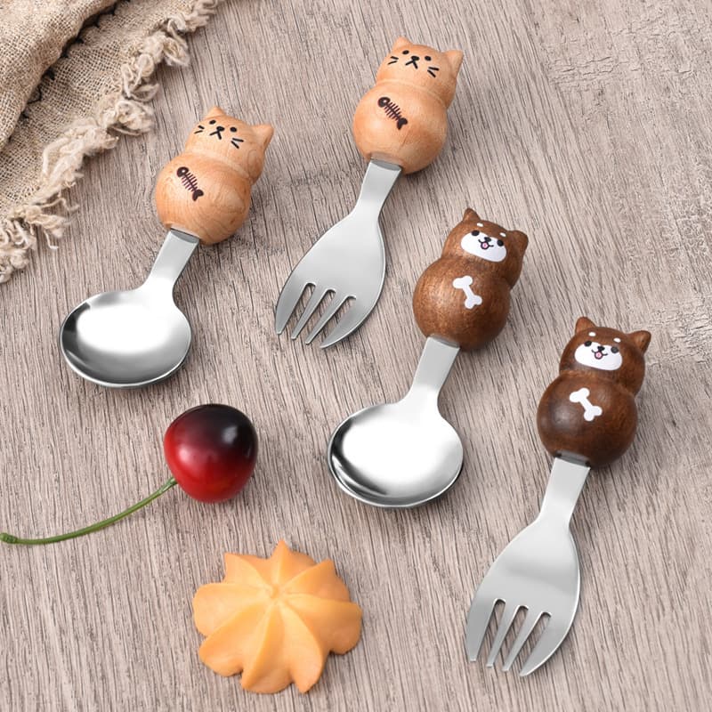 Walnut stainless steel spoon cute round Shiba Inu animal children eating spoon household dessert spoon