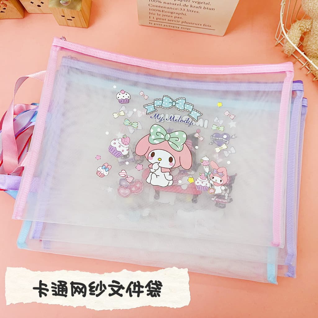 Elementary school student mesh file bag cartoon single-layer zipper stationery storage bag cute A4 nylon mesh exam bag