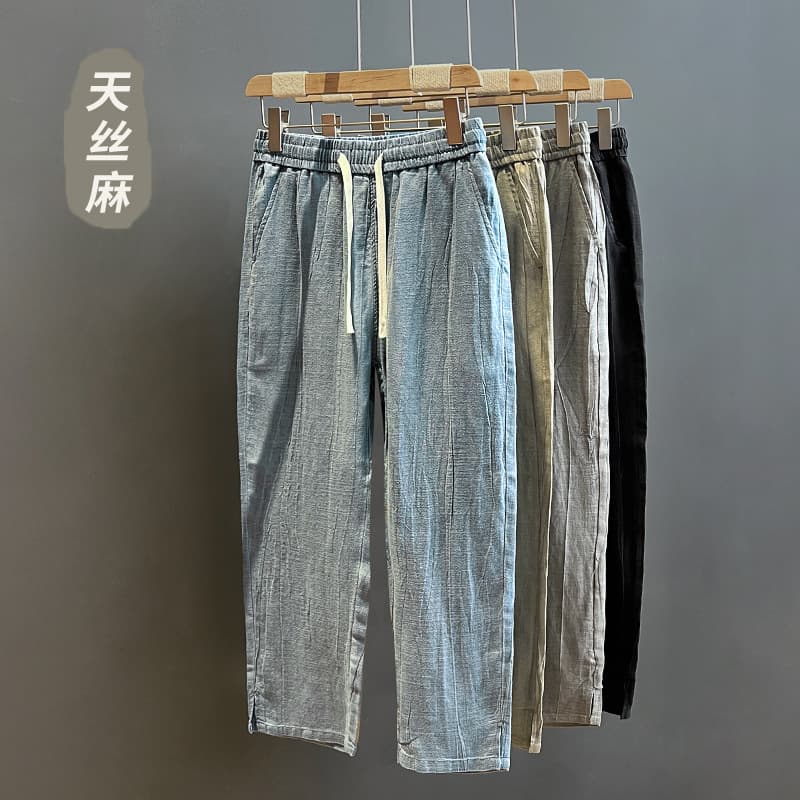 25K10 High-End Tencel Linen Pants Men's Summer Thin Linen Straight Nine-Point Pants Men's Chinese Style Casual Pants