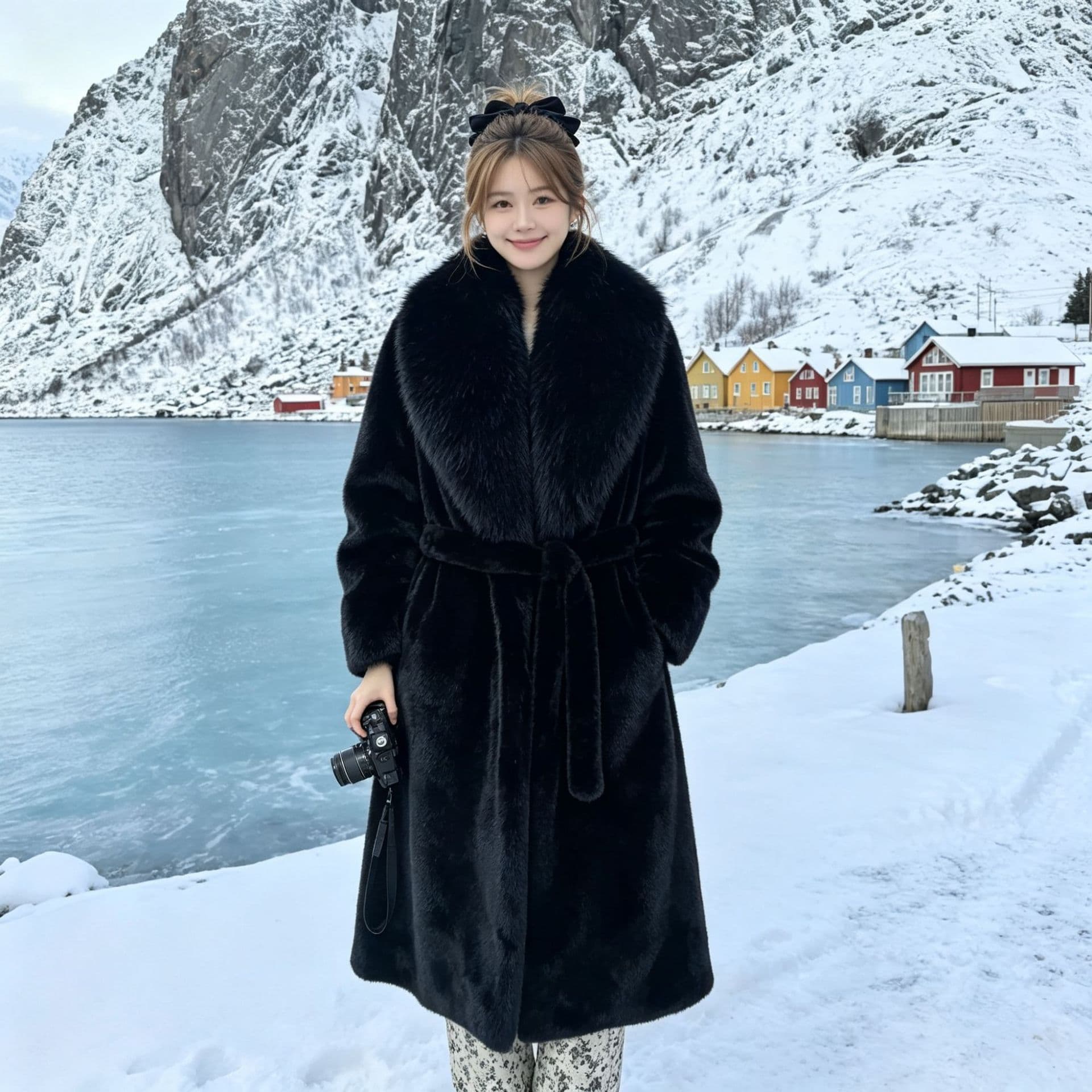 Winter Milan Mink Fur Coat for Women, Faux Fur Collar, Knee-Length Fur-Lined Warm Long Coat