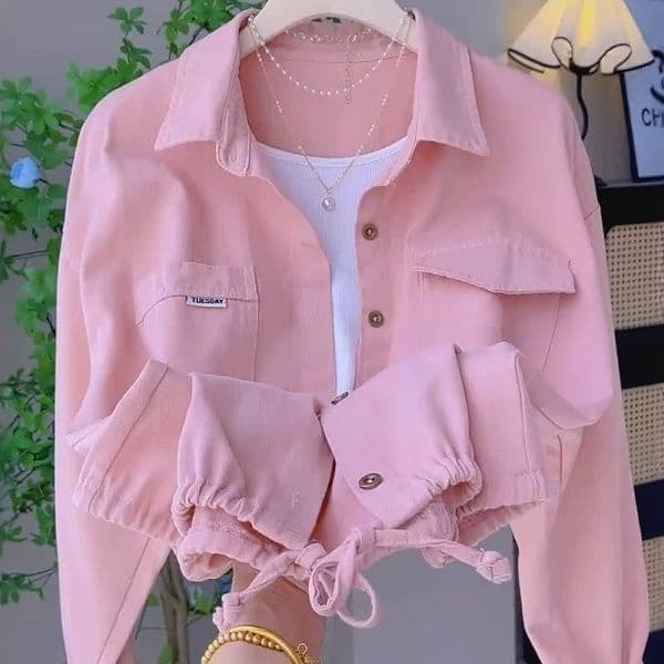 Pink collar cotton shirt jacket for women, spring/autumn outerwear cardigan with drawstring hem, loose versatile shirt.