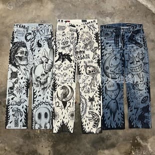 Men jeans wholesale - Men's graffiti wide-leg printed jeans, straight-leg long pants wholesale