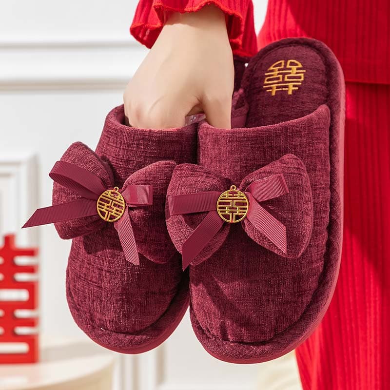 Red Wedding Slippers Pair Winter Luxury Newlywed Couple Festive Bridal Dowry Slippers Premium Feel