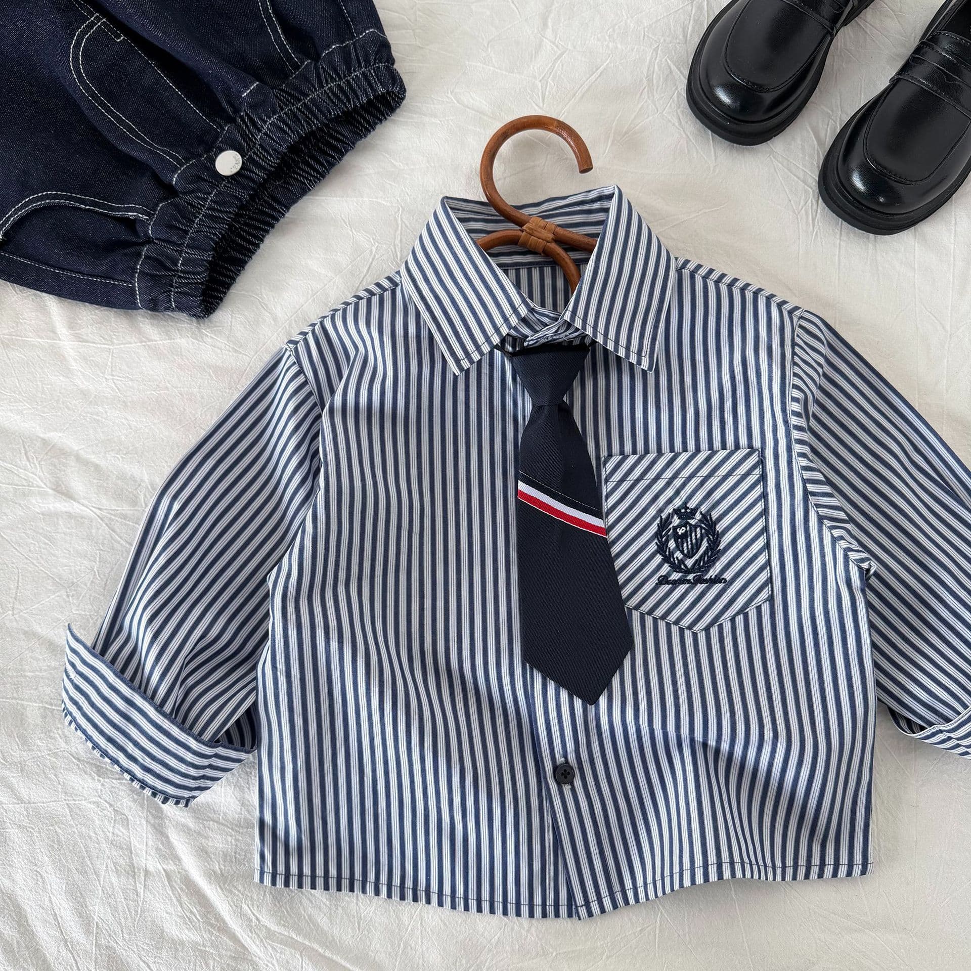 【Shanjing】Children's Shirt 2026 Spring New Arrival Boys' School Style Shirt Girls' Striped Embroidered Blouse