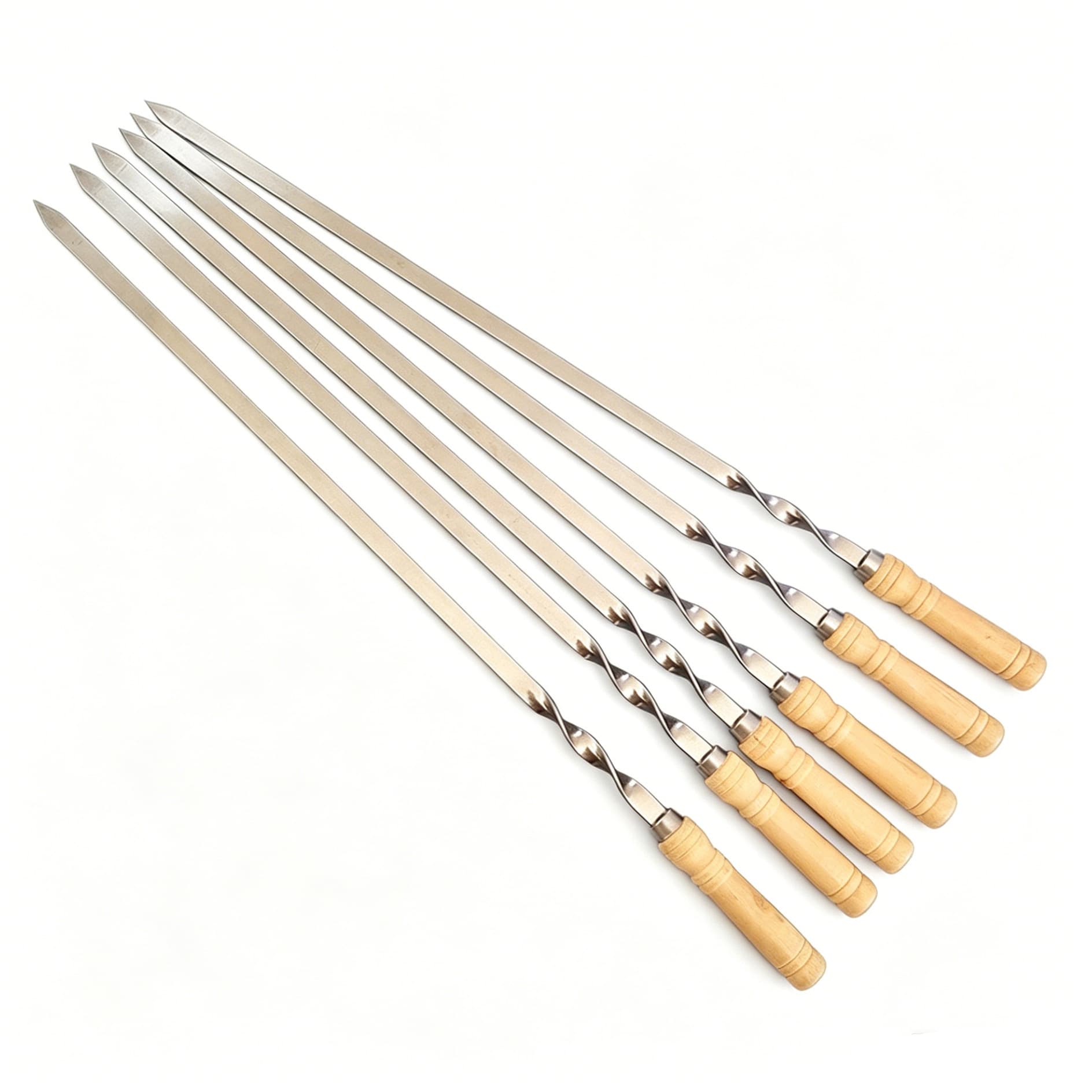 BBQ Supplies, Wood Handle Twisted Flat Skewers, BBQ Skewers, Grilling Skewers, BBQ Forks, Stainless Steel BBQ Skewers