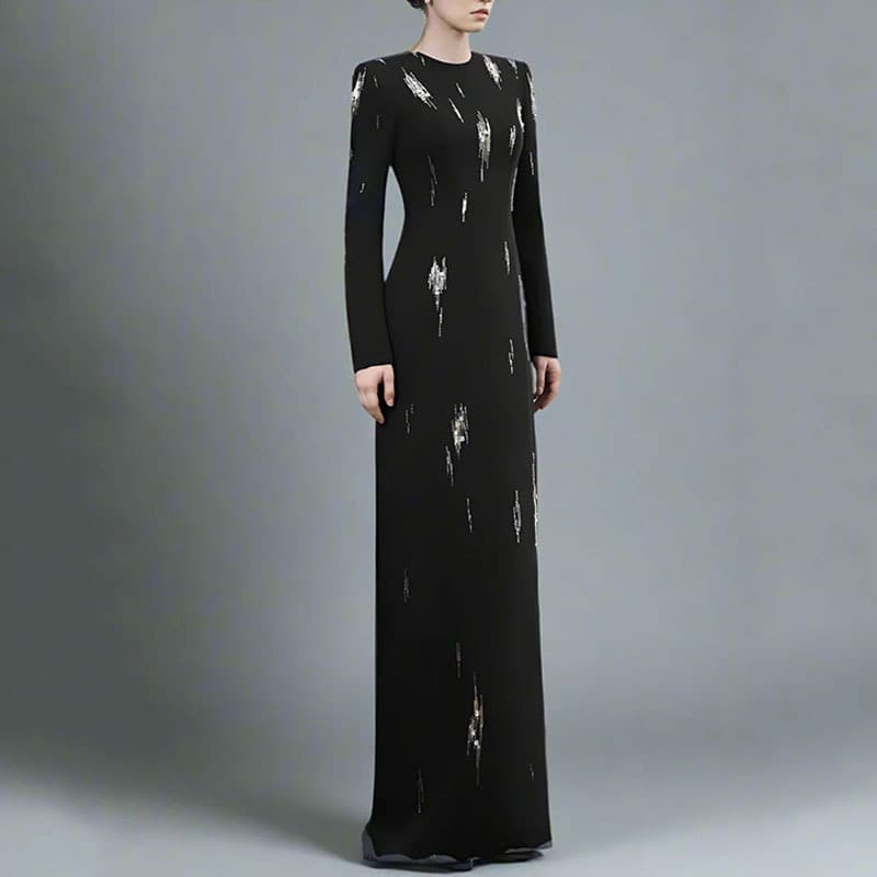 High-end beaded sequin black dress, elegant and slim long skirt, fashionable women's evening dress, a must-have for dinner