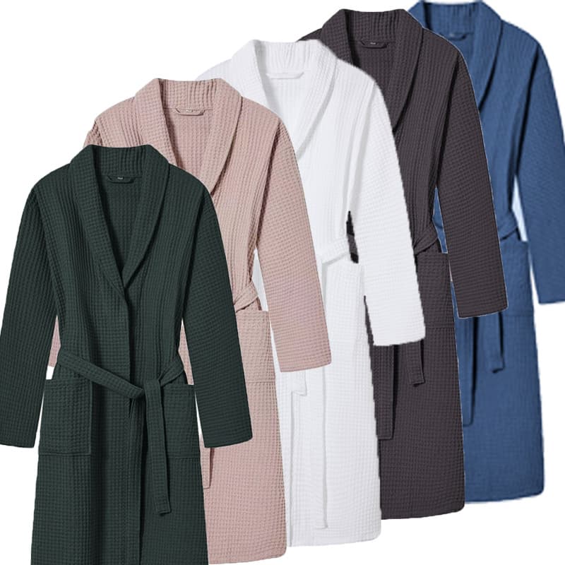 Cross-border new pure cotton bathrobe spring/autumn waffle weave long bathwear homestay hotel couples all-cotton sleepwear wholesale.