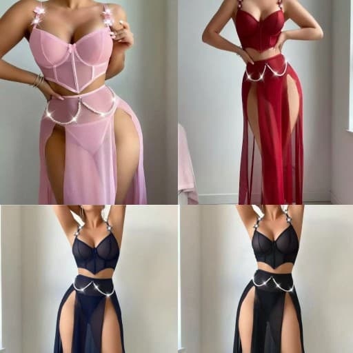 2026 New Cross-border Amazon Europe and US Export Women's Romantic Sexy Three-piece Pajama Set with Pearl Flower Top