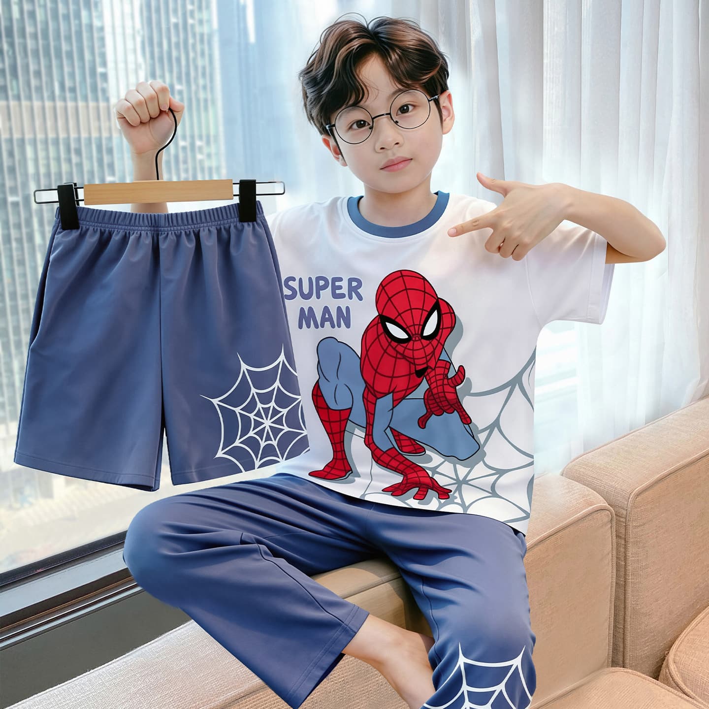 100% Cotton Kids Pajamas Boys Short Sleeve 3-Piece Set 2026 New Spring Summer Cotton Homewear