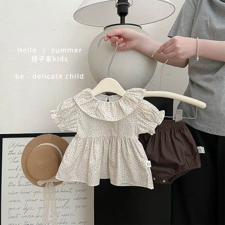 Summer girls' versatile short-sleeved dress with butt-covering shorts suit baby floral doll collar top baby shorts
