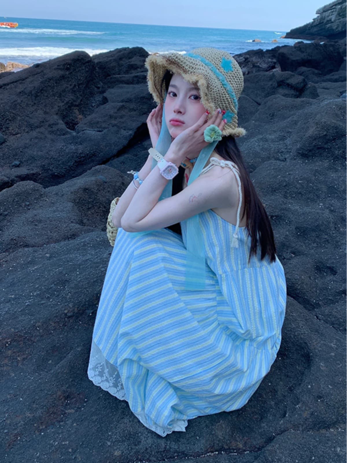 Women's Seaside Vacation Striped Suspenders Dress 2025 Summer New French Style Loose Midi Dress