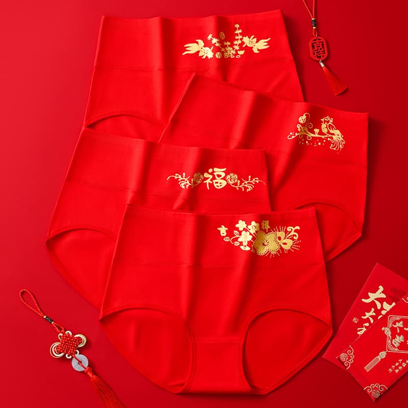 Women's New Year Bright Red Briefs, Festive Red Underwear, Zodiac Year Auspicious Mid-High Waist, Drop Shipping Distribution