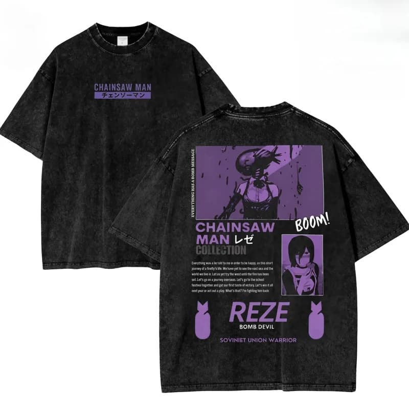 Cross-border European code pure cotton Japanese classic anime chain saw man fan fiction theme men and women printed washed retro cotton