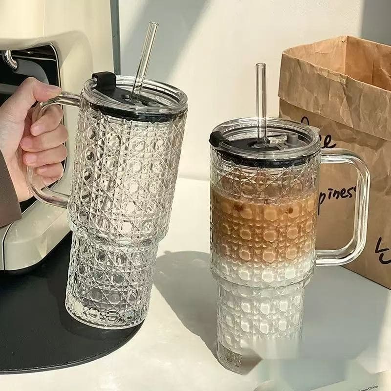 Straw Cup Vertical Stripe Glass Iced Americano Latte Cup Juice Cold Drink Milk Cup Giant Size Cross-border Exclusive Light Luxury