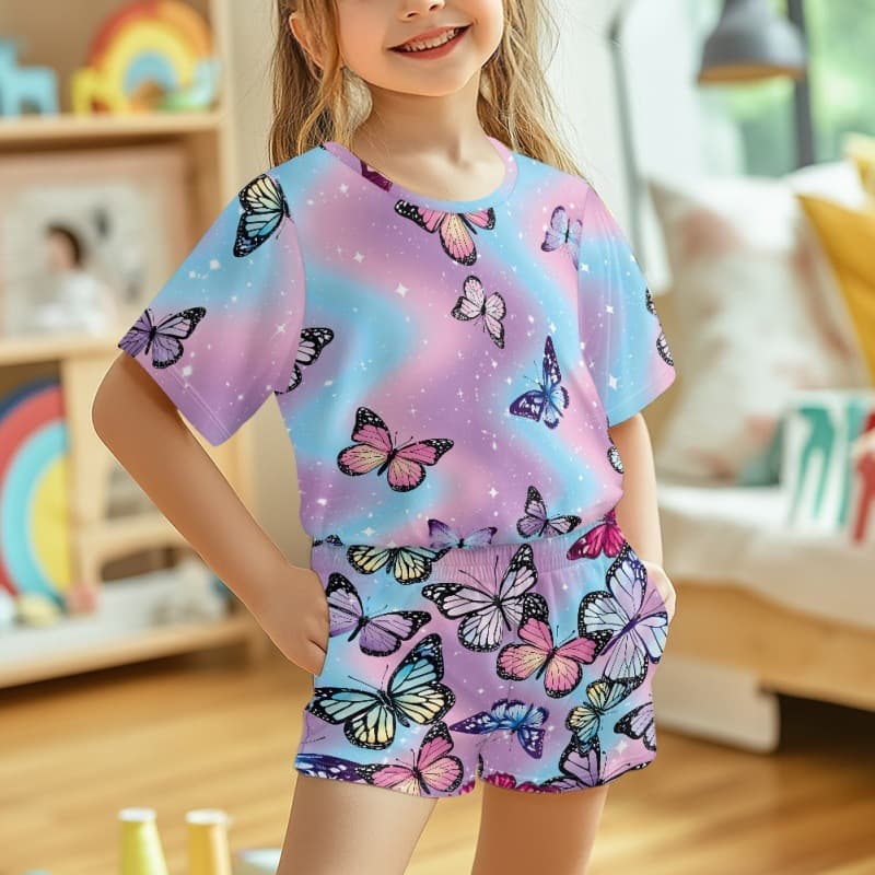 Amazon Butterfly Floral Pink Plaid Girls' Pajama Set Cute Cat Kids Short Sleeve Homewear New
