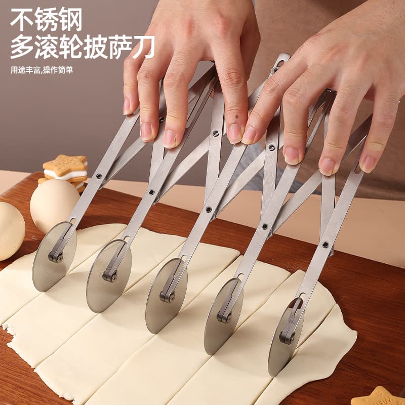 Retractable Multi-Wheel Stainless Steel Pizza Cutter, Dough Cutter, Roller Noodle Cutter, Multifunctional Kitchen Pastry Cutter
