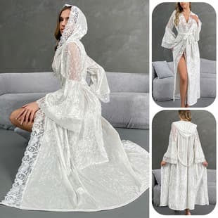 Feiyun European-American Long Bathrobe Sexy Lace Light Luxury Long Sleeve Velvet Hooded Robe Homewear 873