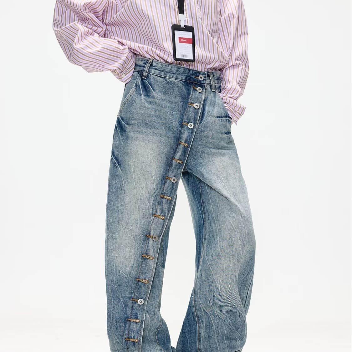 American Vintage Washed Asymmetric Button Straight-Leg Jeans for Women, Designer Casual Loose-Fit Wide-Leg Pants