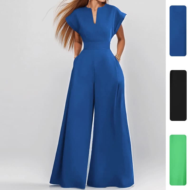 2026 spring new cross-border European and American fashion elegant solid color high-waisted V-neck wide-leg jumpsuit