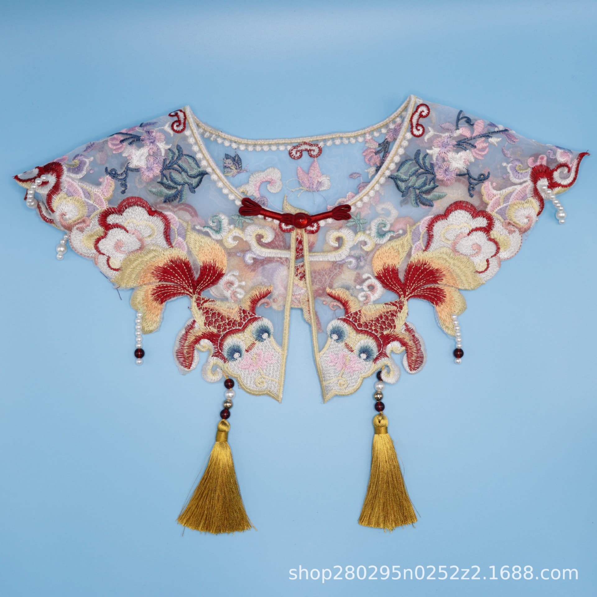 Chinese Style Children's Hanfu Cloud Shoulder with Tassels, Goldfish Collar Embroidered Gauze Lace Collar Decoration, Small Cape