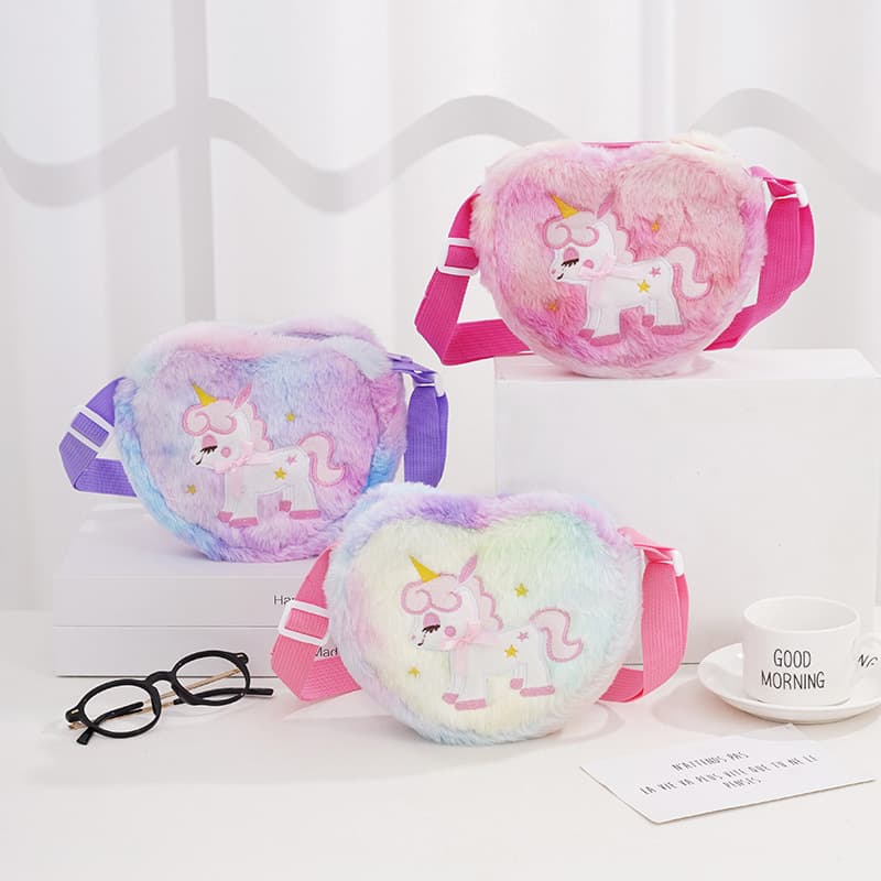 Cross-border Plush Shoulder Bag for Kids, Cute Heart Crossbody Cartoon Unicorn Cosmetic Bag, Creative Phone Storage Bag for Girls