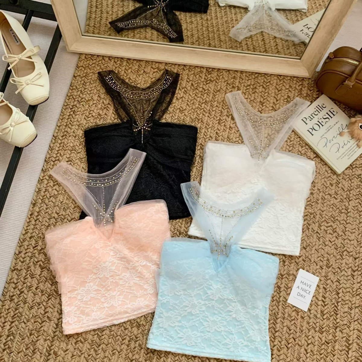 Real Shot Sheer Mesh Rhinestone with Built-in Pads Halterneck Camisole, Slimming Lace Sleeveless Top Backless