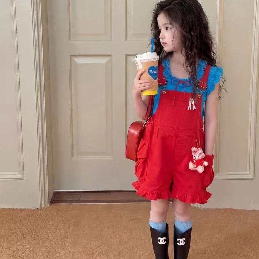 Girls Summer Suit 2026 Girls' Fashionable and Super Nice-looking Dopamine Outfit Overalls Two-piece Set
