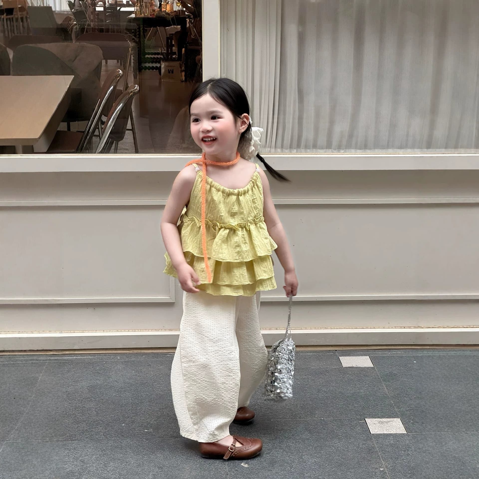 2026 summer new Korean style suit girls three-layer lotus leaf ear straps striped loose wide-leg pants
