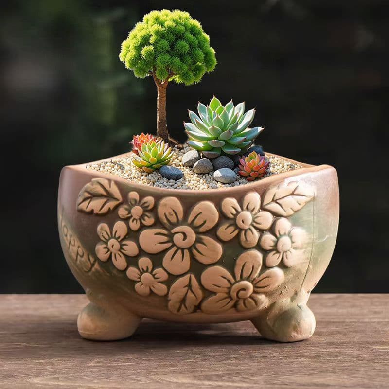 Elegant Green Cluster Rustic Tabletop Succulent Ceramic Pot Creative Plant Decoration Hand-Painted Flower Pot for Home Potted Plants