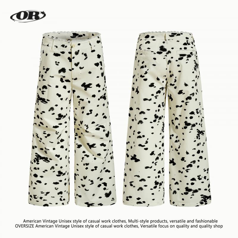 OREETA | Polka Dot Print Wide-Leg Casual Pants for Men and Women, Lace Spliced Sweet and Spicy Style Straight-Leg Vintage Cargo Pants