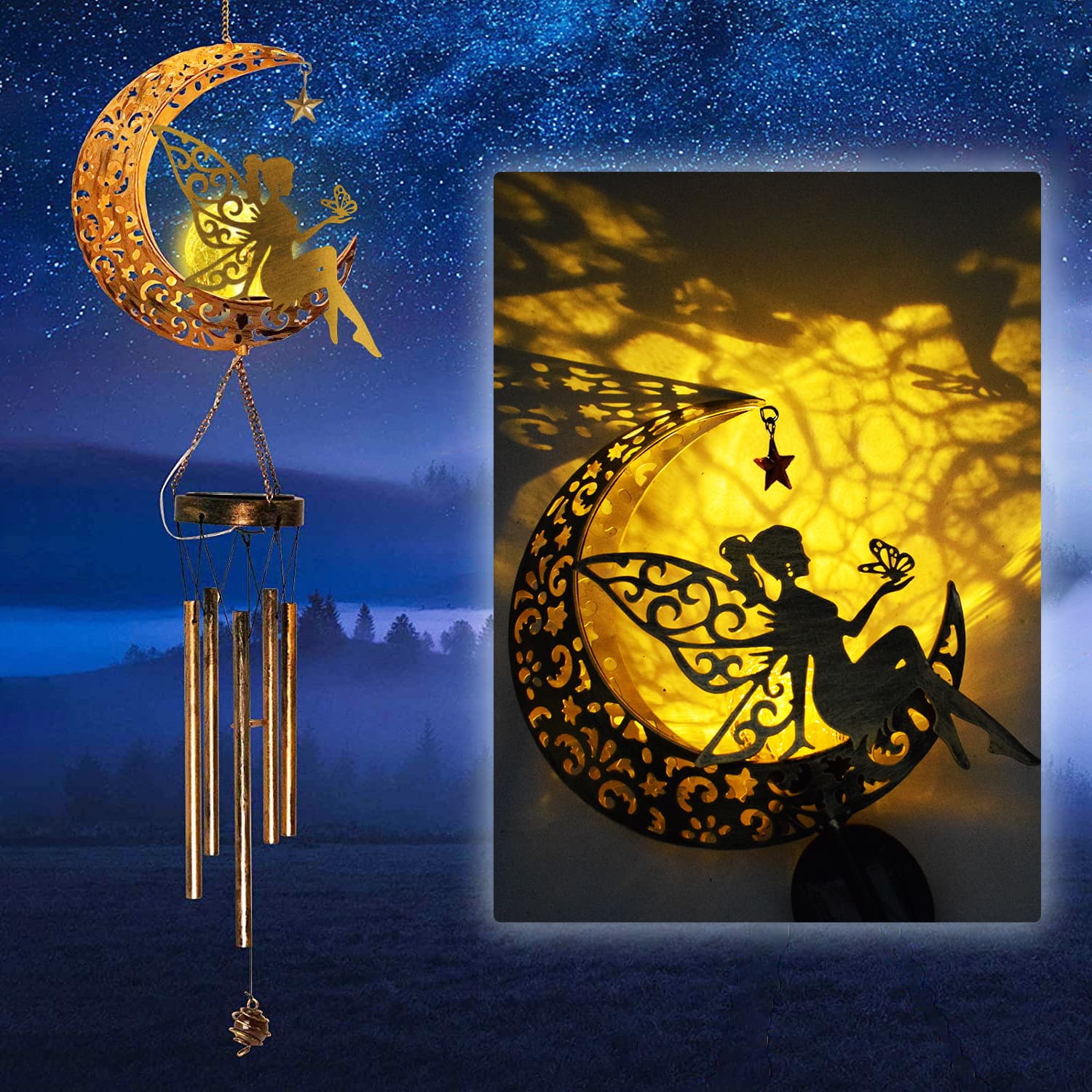 Solar Powered New Style Moon Wind Chime Lamp Iron Art Sun Lawn Spotlight Outdoor Garden Decoration Waterproof Courtyard Lamp