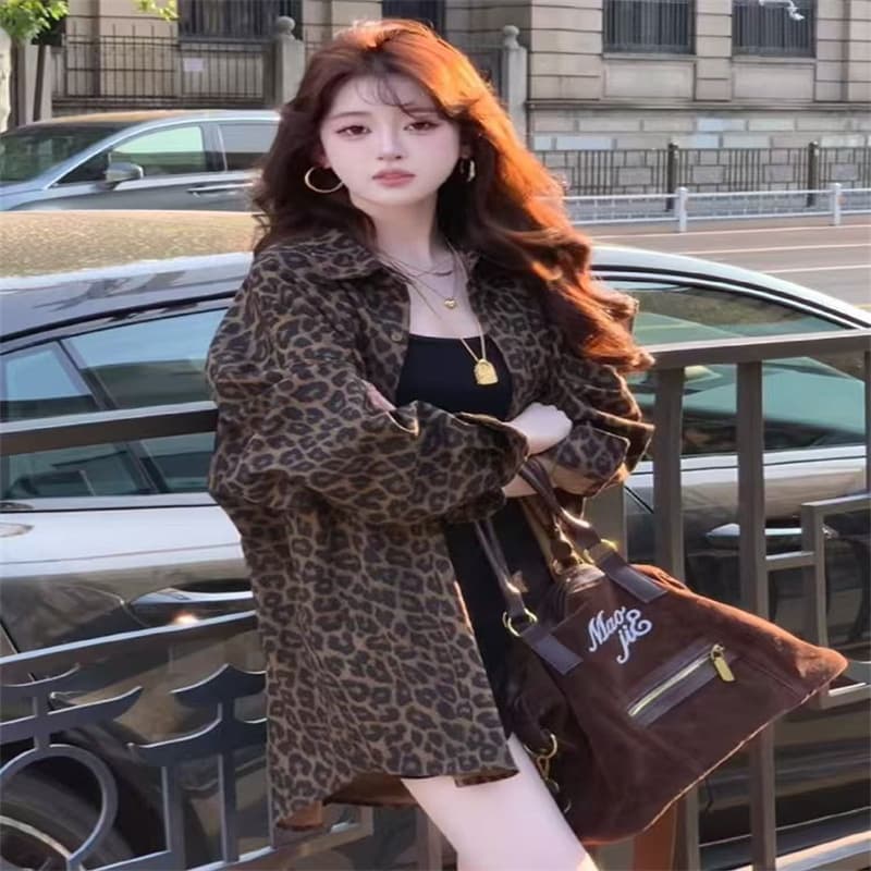 Hong Kong Style Retro Leopard Print Shirt Jacket for Women Spring New Design Niche Loose Relaxed Top