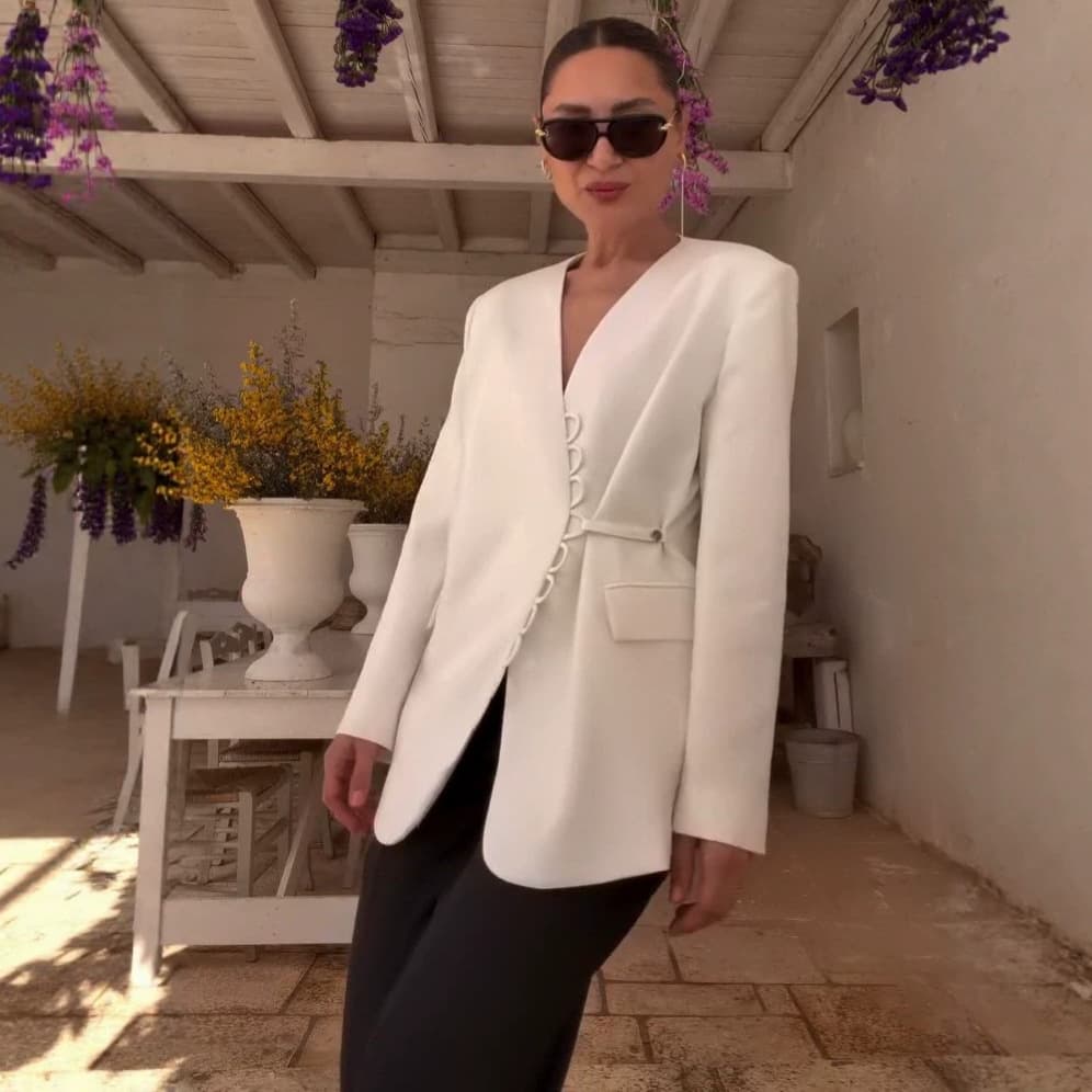 New European and American 2026 Waist-Tied Business Casual Long-Sleeve Blazer with Pockets for Commuting White-Collar Women