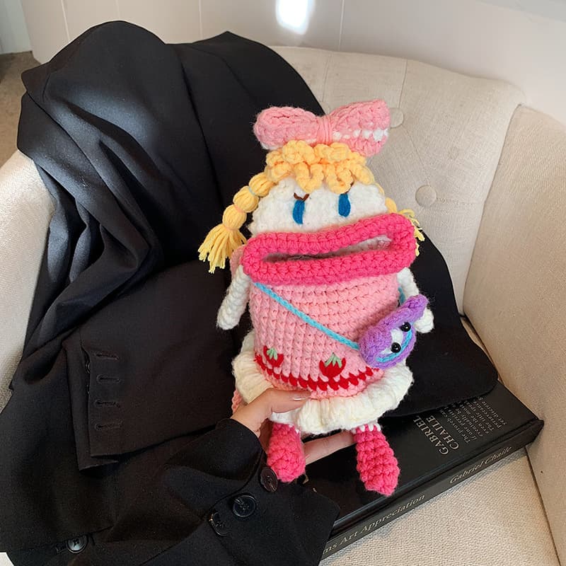 Cross-border Cartoon Big Mouth Girl Doll Yarn Bag Finished Product Cute Handmade Crochet Bag Woven Crossbody Bags