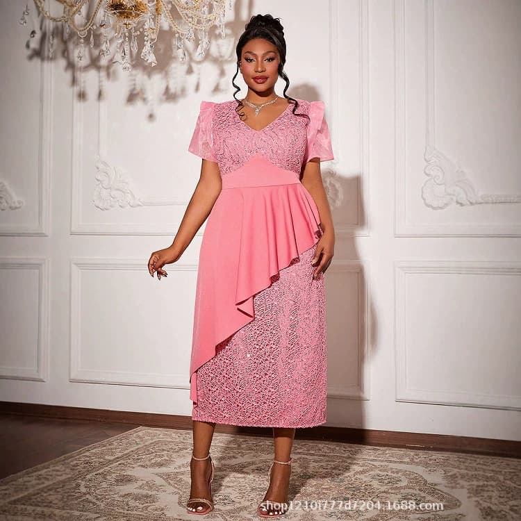 European and American cross-border evening dress, large size pink sequined sleeveless dress, V-neck flying sleeves, irregular ruffled long skirt