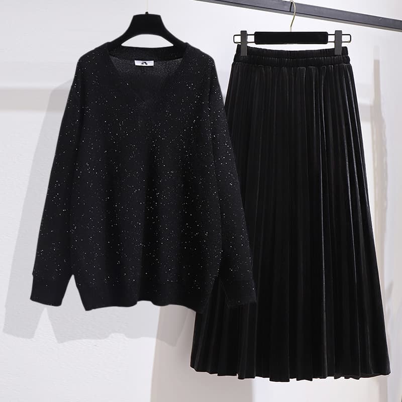 Plus Size V-Neck Knit Sweater and Velvet Skirt Set 2024 Autumn New Fashion 2-Piece
