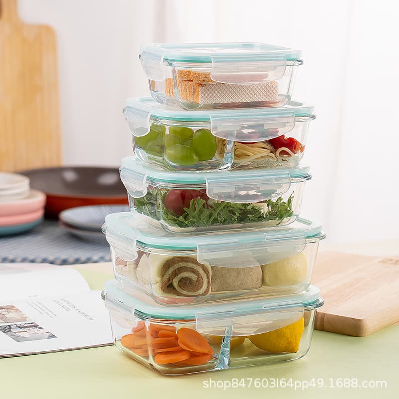 Glass lunch box bowl, transparent microwave rectangular crisper box, office worker lunch box, household round crisper bowl