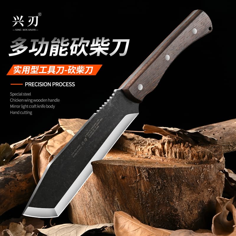 Factory direct multi-functional outdoor chopping knife, thickened blade with forged surface design, camping clearing tool