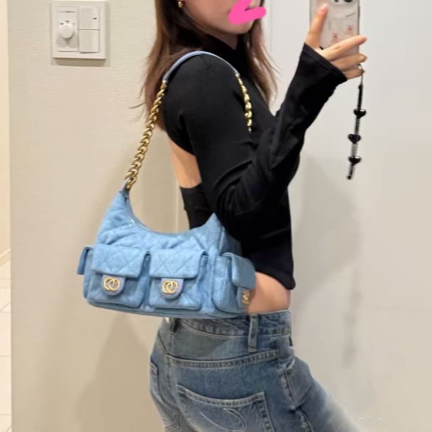 2026 Chanel-Style Hobo Hippie Underarm Bag with Multiple Pockets, Motorcycle Bowling Bag, Versatile Denim Shoulder Bag for Women