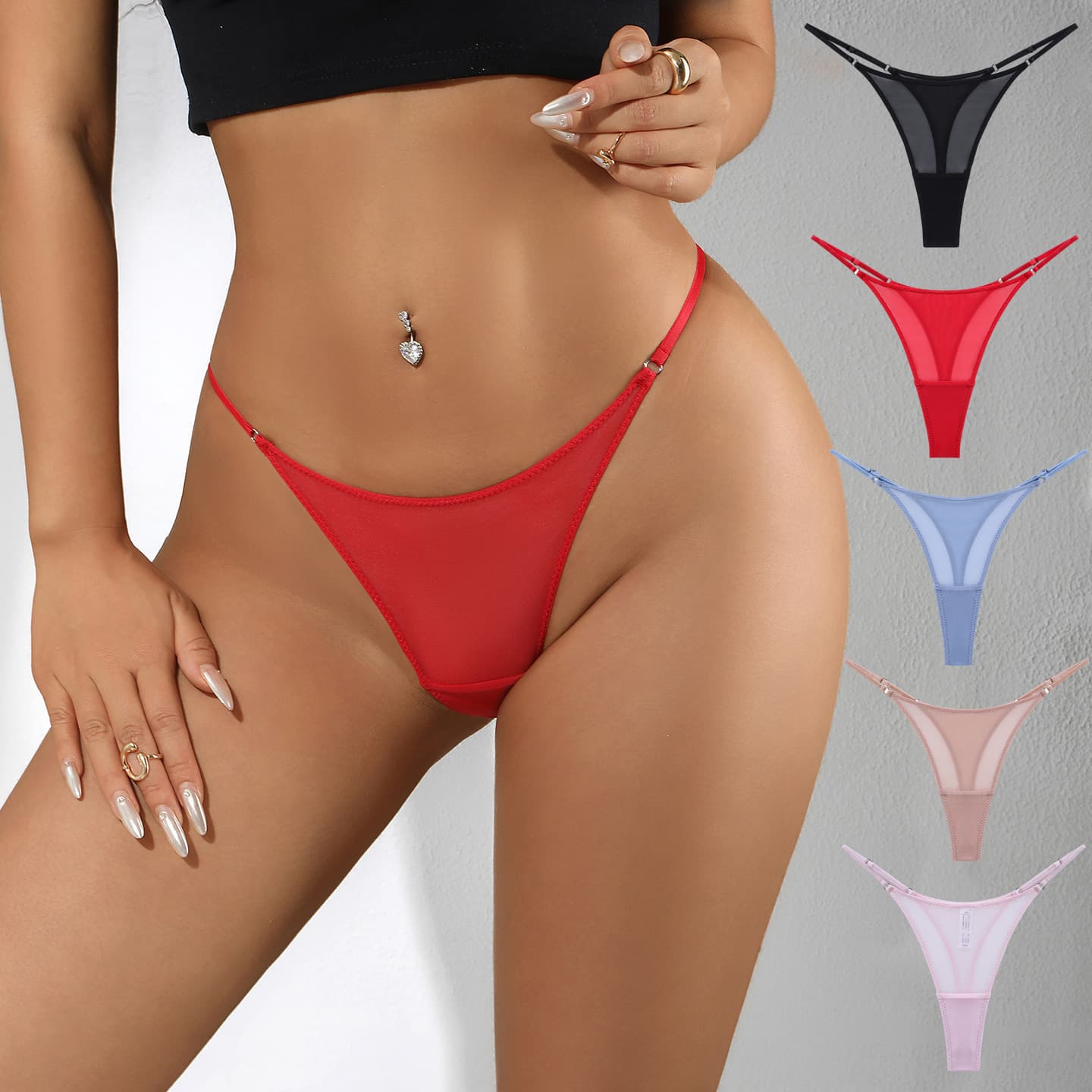 European and American Mesh Sexy Thin Strap Thong Women Adjustable Size Sheer Hot Plus Size High Cut T-Back Panties