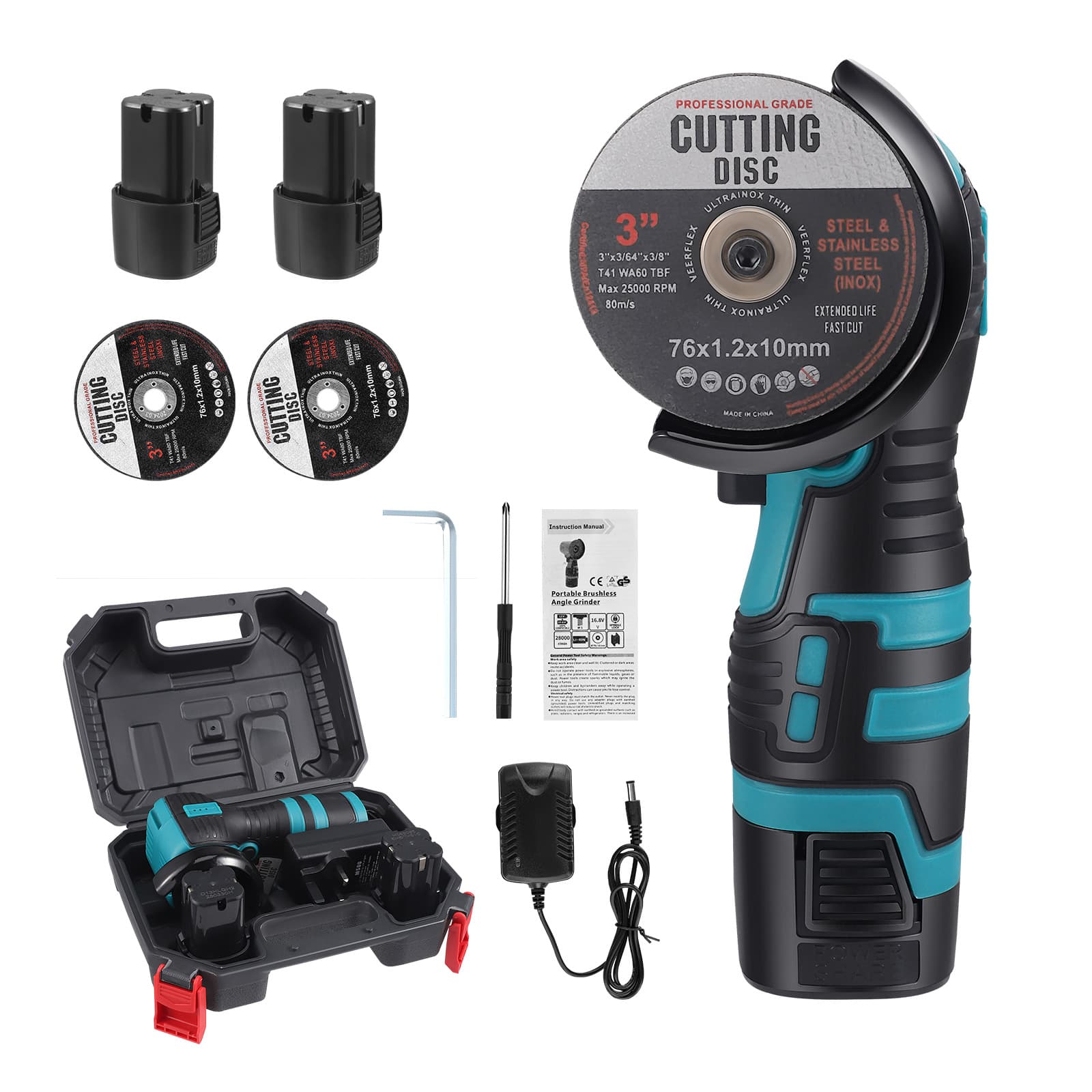 16.8V Blue Brushed Charging Mini Angle Grinder with Plastic Case - Lithium Battery Angle Grinder Cutting and Polishing Tool