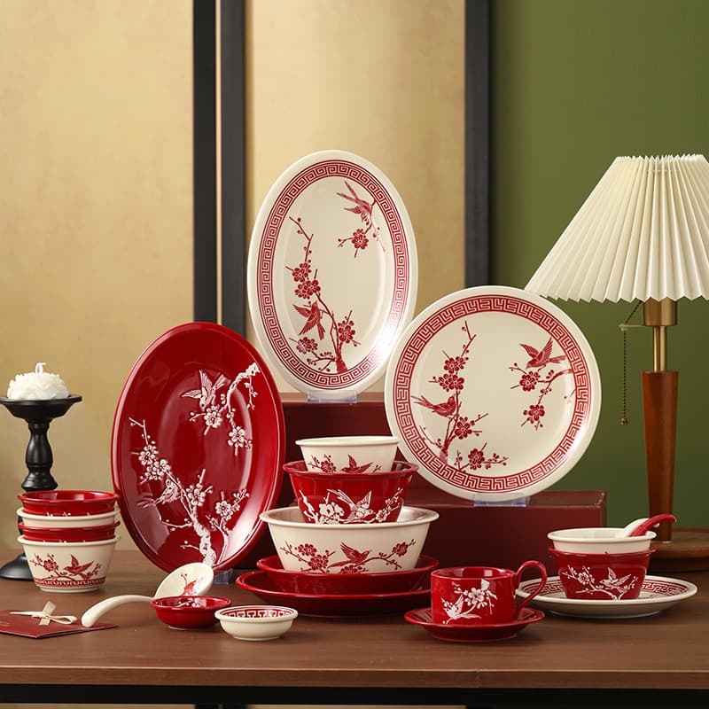 Red Home Ceramic Dinnerware Set Embossed Underglaze Color Wedding Housewarming Gift Rice Bowl Round Plate Serving Dish Fish Plate