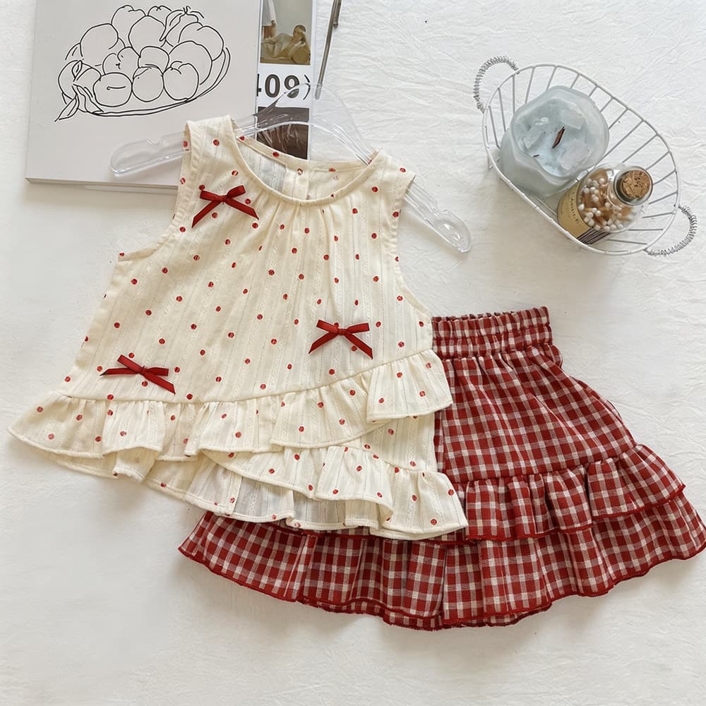 Girls off-white red dot bow sleeveless top suit summer red and white plaid cake skirt two-piece trendy set