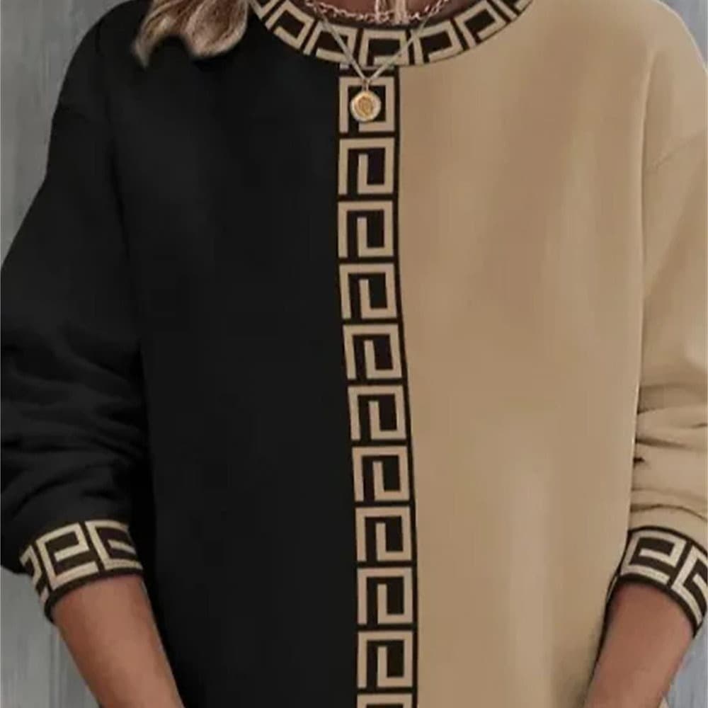 Women's Pullover Color-Block Sportswear Khaki Casual Round Neck Long Sleeve Top